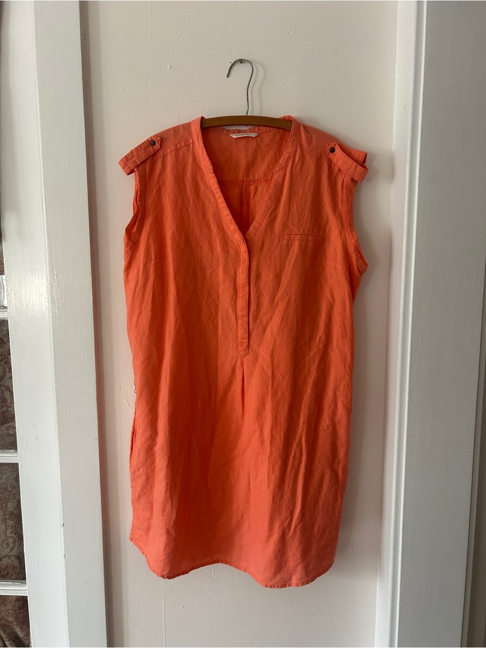 Lightweight Linen/Cotton Peach/Orange V-Neck Cap-Sleeve Dress with pockets